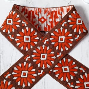 Vintage 70s Floral Jacquard Ribbon: 2-1/8&quot; Orange Boho Trim