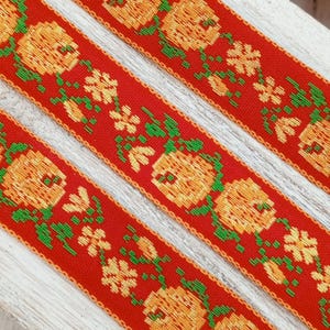 VINTAGE RED ORANGE Flowers Jacquard Cotton Ribbon 3/4&quot; wide – 1970s Red & Orange Floral Trim for Sewing, Crafts, Embellishments, Décor