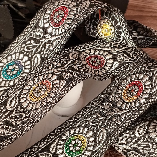 SILVER BLOOM MEDLEY Vintage Jacquard Ribbon 1-3/8" - 1970s Black & Silver Scroll Trim w/ Colorful Jewel Accents for Sewing, Décor, Costumes