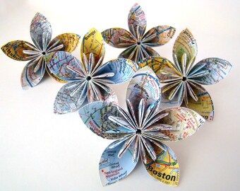 Five Petal Kusudama Flower - Recycled Maps - Set of 5