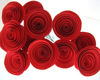One Dozen Spiral Paper Roses with Stems - Red Roses