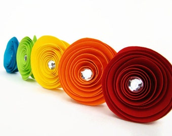 One Dozen Spiral Paper Roses with Stems - Rainbow Roses with Rhinestone Accents