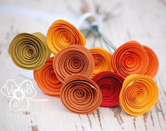 One Dozen Spiral Paper Roses with Stems - Colors of Fall
