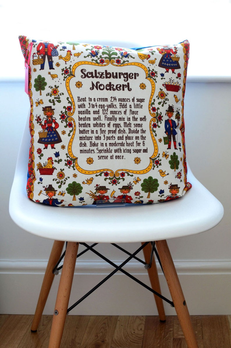 Vintage Fabric Salzburger Cushion With Blue Velvet Backing Austrian Recipe Handmade In Uk Independent Designer Duck Feather Insert