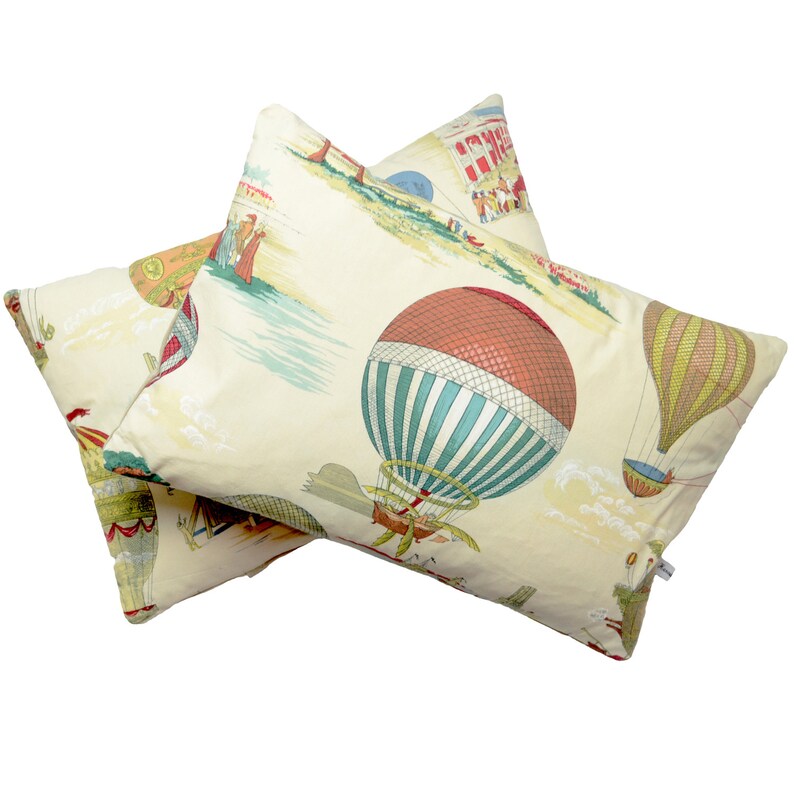 Pair Of Les Aeronefs Hot Air Balloon Cushions Vintage Fabric Unique Handmade Uk Duck Feather Inserts - 