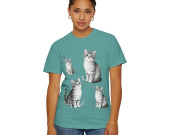 Vintage 90-tals katt-T-shirt med komfortfärger och kattunge-natur, retro Cottagecore kattungar grafisk t-shirt, överdimensionerad söt blommig husdjurstopp