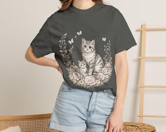 Söt kattunge grafisk t-shirt, vintage kattälskare-t-shirt med tvätt i komfortfärger, retro blommig kattunge-topp i Cottagecore
