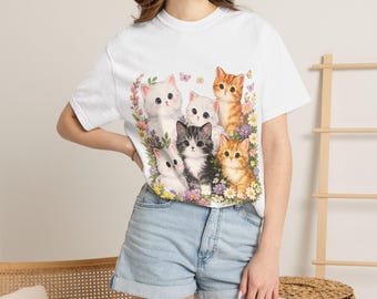 Söt kattunge grafisk t-shirt, vintage kattälskare-t-shirt med tvätt i komfortfärger, retro blommig kattunge-topp i Cottagecore