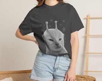 Y2k Alien Cat meme T-shirt, rolig kattunge-tröja, vintagegrafik-tröja, konstiga katter-tröja, bekväma färger-tröja, 90-tals retro-outfit-tröja