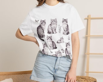 Söt kattunge grafisk t-shirt, vintage kattälskare-t-shirt med tvätt i komfortfärger, retro blommig kattunge-topp i Cottagecore