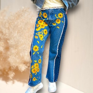 Custom Denim Jeans, Hand Painted Denim Pants, Beige Floral Custom Denim Jeans, Hand Painted Denim Pants, Beige Floral