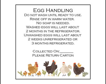 May include: A white sign with black text that reads "EGG HANDLING" and provides instructions for handling eggs. The sign also includes a line for the date the eggs were collected and a request to return the carton. The sign is illustrated with a group of cartoon chickens and chicks.