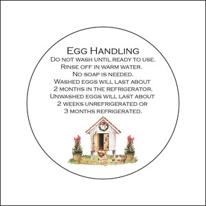 May include: A white circle with a black outline and a black and white illustration of a chicken coop with a red wreath on the door. The text inside the circle reads: 