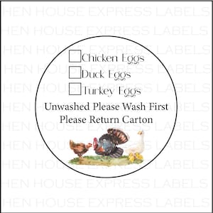 May include: Round egg carton label featuring illustrations of chicken, duck, and turkey.  Checkboxes for 'Chicken Eggs', 'Duck Eggs', and 'Turkey Eggs' are provided.  Additional text includes 'Unwashed Please Wash First' and 'Please Return Carton'. The label is predominantly white with black text and a watercolor-style illustration of poultry. The background is white with repeating text 'Hen House Express Labels'.