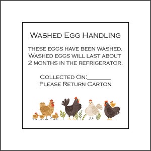 May include: A sign with the text "WASHED EGG HANDLING" and "THESE EGGS HAVE BEEN WASHED. WASHED EGGS WILL LAST ABOUT 2 MONTHS IN THE REFRIGERATOR. COLLECTED ON: PLEASE RETURN CARTON". An illustration of a group of chickens and chicks.