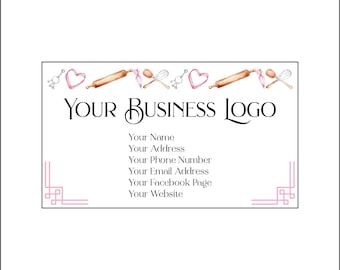 May include: A business card with a pink and white design. The top of the card features a row of kitchen utensils, including rolling pins, whisks, and hearts. The text "YOUR BUSINESS LOGO" is centred on the card. The bottom of the card includes contact information, including the business name, address, phone number, email address, Facebook page, and website.