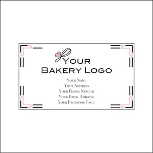 May include: A black and white business card with a pink heart and whisk logo. The text "YOUR BAKERY LOGO" is in black. The card also includes the text "YOUR NAME", "YOUR ADDRESS", "YOUR PHONE NUMBER", "YOUR EMAIL ADDRESS", and "YOUR FACEBOOK PAGE".