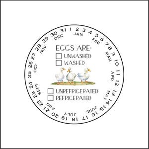 May include: A circular graphic with a calendar-style design. The text reads "EGGS ARE: UNWASHED, WASHED, UNREFRIGERATED, REFRIGERATED." Three white ducklings stand on a patch of green grass. The months and days of the year are arranged around the circle.