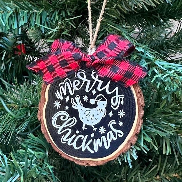 Painted Wooden Ornament Chicken Christmas Merry Chickmas 