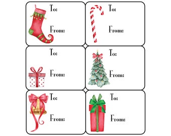 May include: Six printable Christmas gift tags with different holiday illustrations. The tags have the words "To:" and "From:" printed on them.