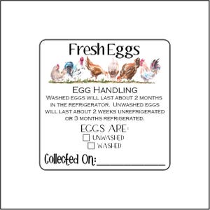 May include: A printable egg label with watercolor illustrations of chickens.  The label features the text 'Fresh Eggs', 'Egg Handling', instructions for storing washed and unwashed eggs, and checkboxes to indicate whether the eggs are washed or unwashed.  There's also a space to write the collection date. The color scheme is primarily black and white with watercolor accents.
