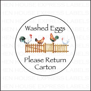 May include: A round, white sticker with a black border. The sticker has a black and white illustration of three chickens standing on a wooden fence. The text on the sticker reads 