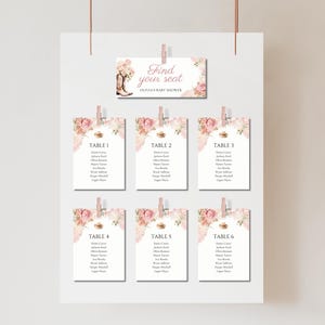 Cowgirl Baby Shower Table Seating Chart Template, A Little Cowgirl Rodeo Wild West Party, Pink Floral Watercolor Theme Cards for Girl, BS40
