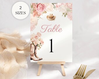 Cowgirl Baby Shower Table Number Card Template, A Little Cowgirl Rodeo Wild West Party, Pink Floral Watercolor Theme Sign for Girl, BS40