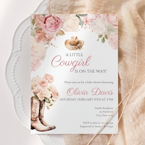 Cowgirl Baby Shower Invitation Girl, EDITABLE Western Baby Shower Invitation, Pink Floral A Little Cowgirl Rodeo Baby Shower Invite, BS40