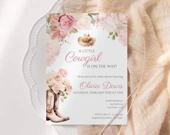 Cowgirl Baby Shower Invitation Girl, EDITABLE Western Baby Shower Invitation, Pink Floral A Little Cowgirl Rodeo Baby Shower Invite, BS40