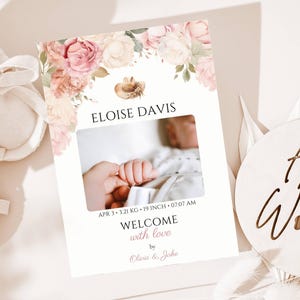 Cowgirl Birth Announcement Card Template, A Little Cowgirl Rodeo Wild West Party, Pink Floral Watercolor Baby Shower Theme for Girl, BS40
