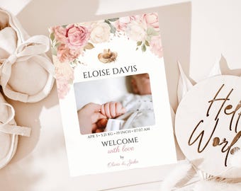 Cowgirl Birth Announcement Card Template, A Little Cowgirl Rodeo Wild West Party, Pink Floral Watercolor Baby Shower Theme for Girl, BS40