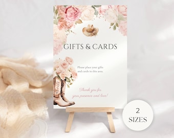 Cowgirl Baby Shower Gifts and Cards Sign Template, A Little Cowgirl Rodeo Wild West Party, Pink Floral Watercolor Theme Print for Girl, BS40