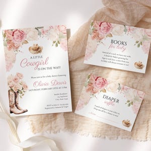 Cowgirl Baby Shower Invitation Bundle Template, A Little Cowgirl Wild West Rodeo Party Invite Set, Pink Floral Western Girl Card Pack, BS40