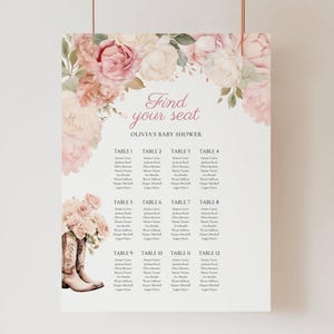 Cowgirl Baby Shower Seating Chart Template, A Little Cowgirl Rodeo Wild West Party Table Plan, Pink Floral Watercolor Theme Sign, Girl, BS40