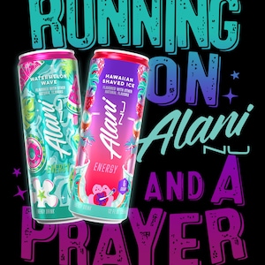 May include: Two Alani Nu energy drink cans, one in Watermelon Wave and the other in Hawaiian Shaved Ice flavor, against a black background. The cans are decorated with colorful graphics and the text "RUNNING ON Alani AND A PRAYER".