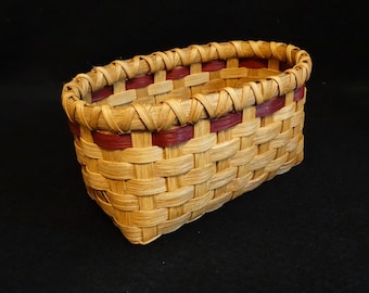 Hand Woven Basket in golden Oak with Burgundy accent. Storage Basket. Basket. Handmade Baskets in Traditional style.