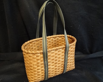Hand Woven Basket Tote: Golden Oak Finish, Green Canvas Handles