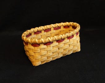 Hand Woven Basket in golden Oak with Burgundy accent. Storage Basket. Basket. Handmade Baskets in Traditional style.