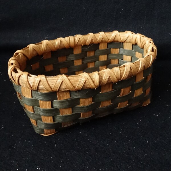 Small Hand Woven Basket in Dark Green and golden oak. Small Basket. Rectangular basket.  Storage Basket. Hand Made Baskets in fun colors!
