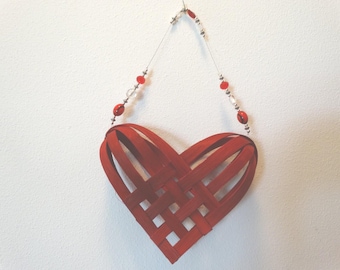 Red Woven Heart Basket with Beaded Handle - Valentine's Day Gift