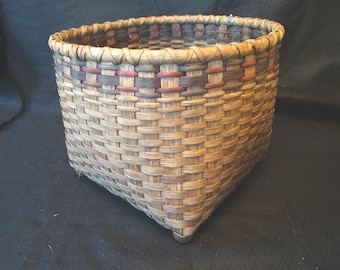 Hand Woven Storage Basket: Dark Walnut with Navy, Green, Burgundy Accents