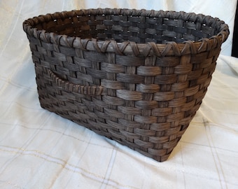 Hand woven basket in Dark Walnut.  Storage basket with front handle.  Large storage basket. Custom made baskets.  Handmade baskets.