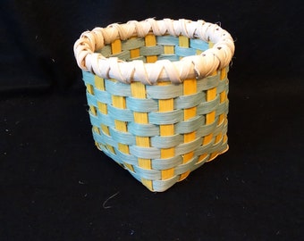 Hand Woven Basket: Golden Yellow & Light Turquoise Storage