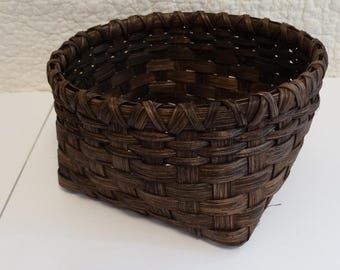 Hand Woven Basket: Dark Walnut Stained Storage Basket, Signed & Dated