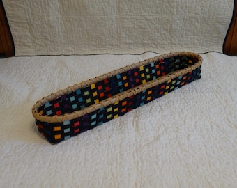 Hand Woven Long Basket: Multicolor Splint Reed, Black Overlay
