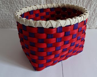Hand Woven Red Purple Basket: Sturdy Storage, Double Lashed Rim