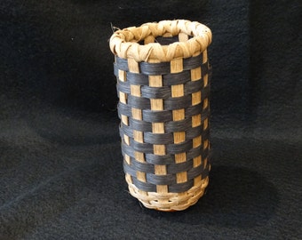 Hand Woven Basket: Black and Walnut Stained Oak Base
