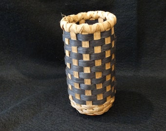 Hand Woven Basket in Black and Walnut.  Basket with wood base.  Basket.  Storage Basket. Traditional baskets custom made.