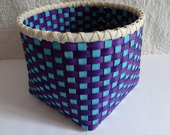 Hand Woven Basket: Purple, Turquoise, Large Storage, Splint Reed, Double Lashed Rim